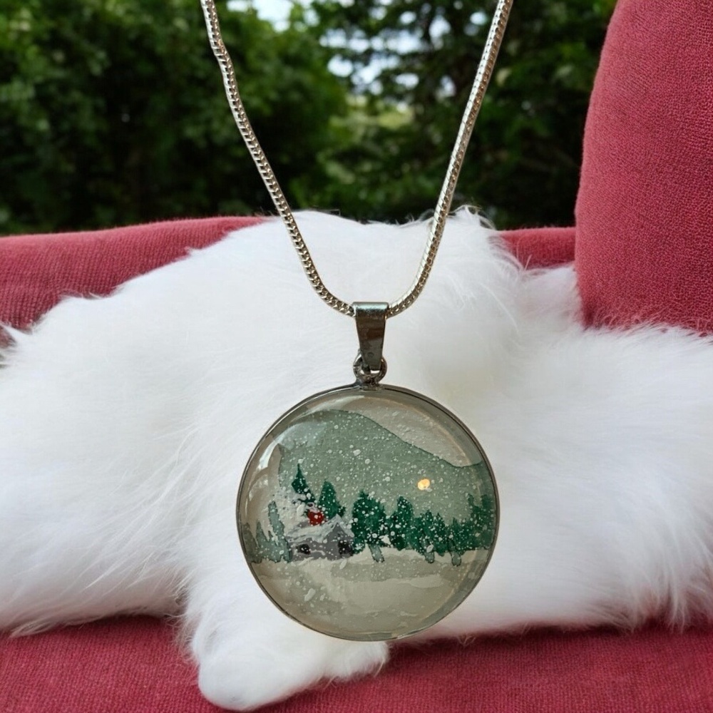 Original Watercolor Artwork Snowy Cabin Scene Pendant Necklace
